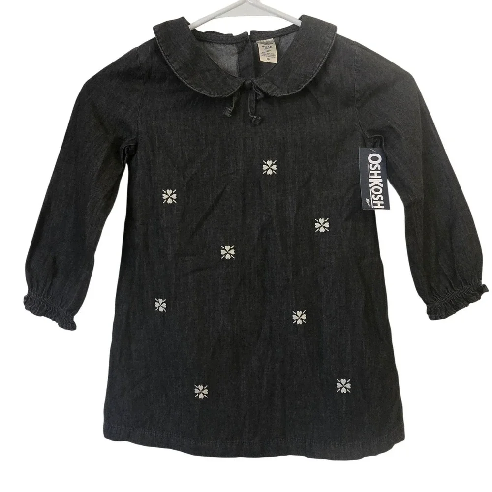 OshKosh Bgosh Toddler Girls Gray Denim Embroidered Floral Dress 4T NWT